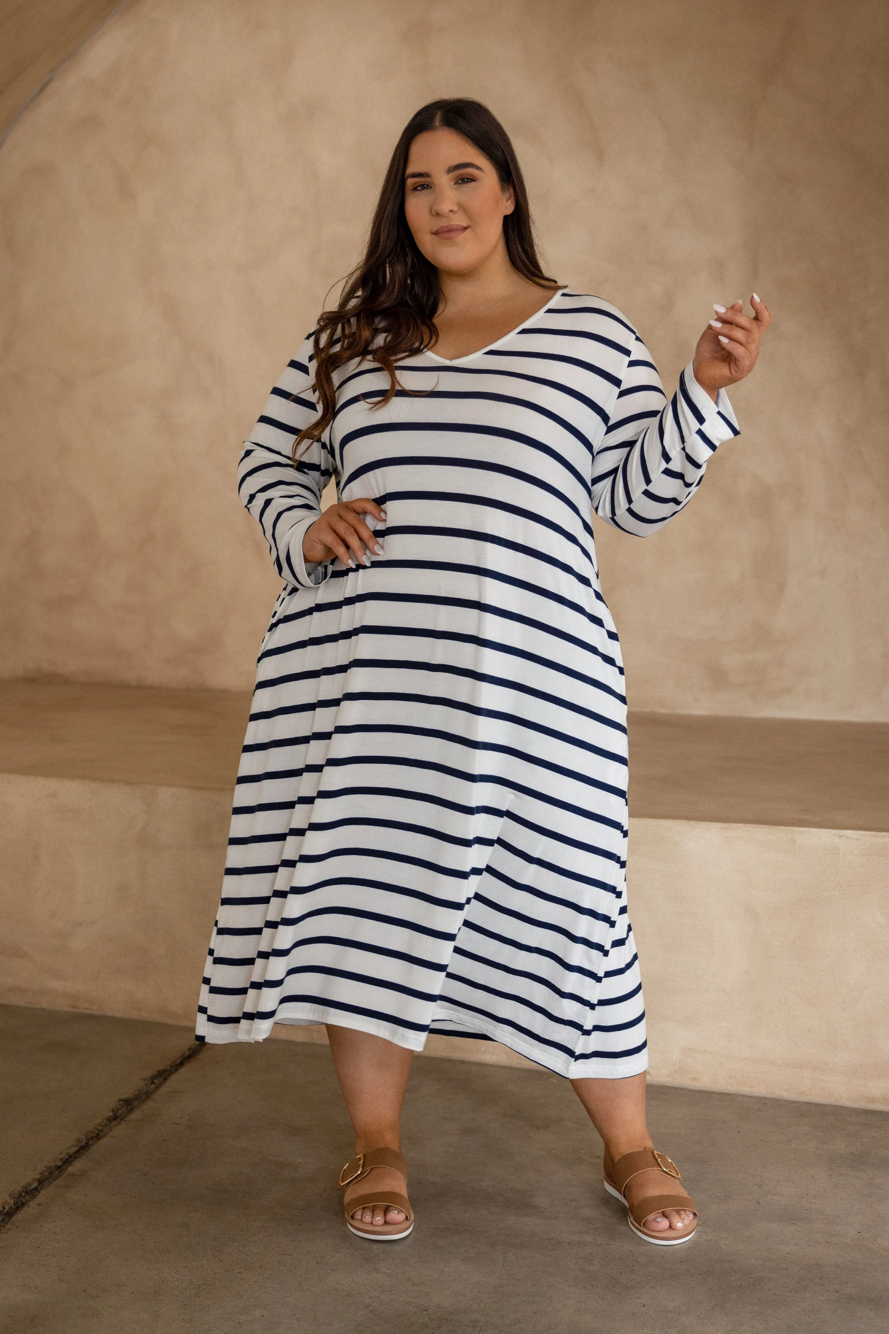 FINAL SALE Long Sleeve T-Shirt Dress in Navy Stripe