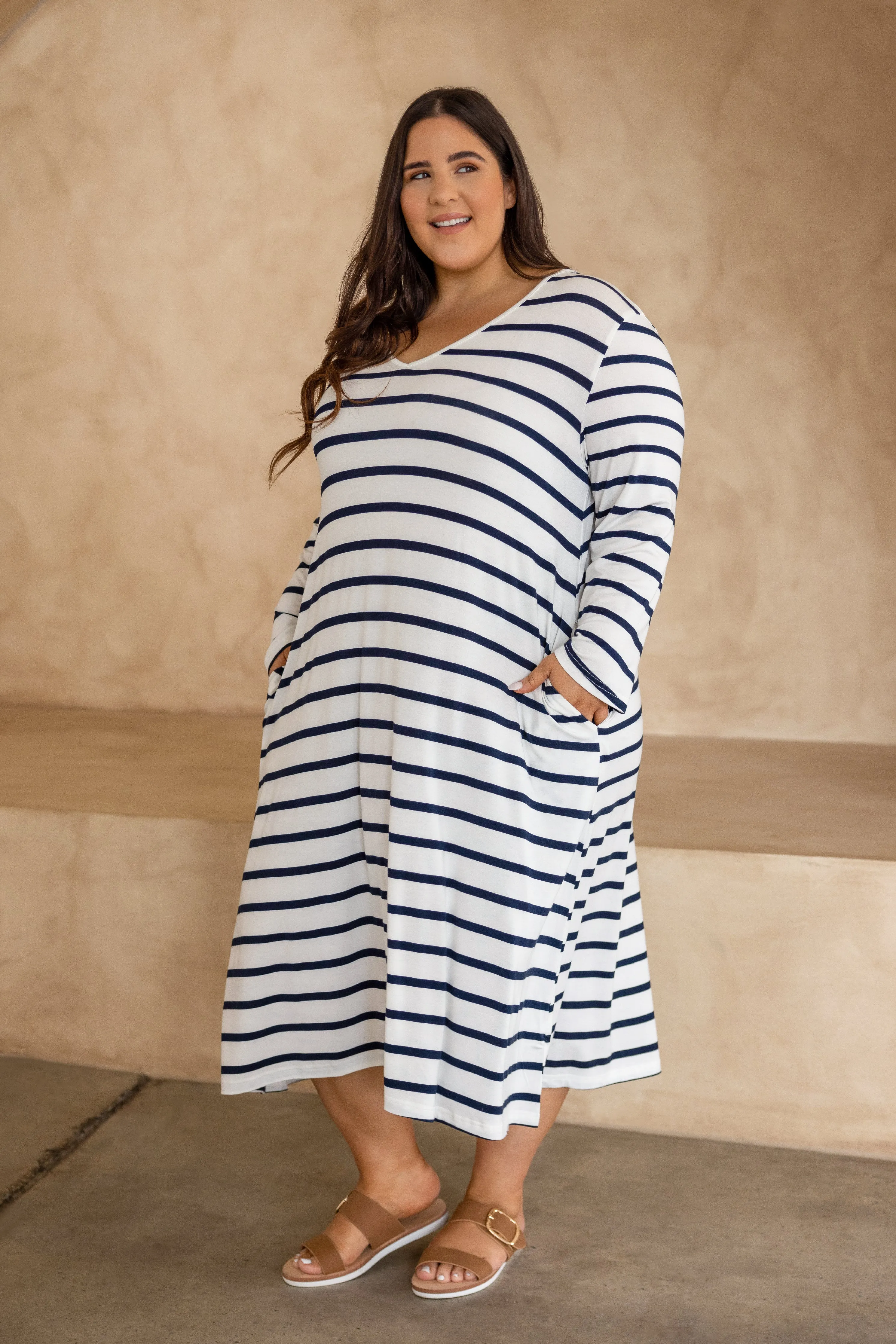 FINAL SALE Long Sleeve T-Shirt Dress in Navy Stripe