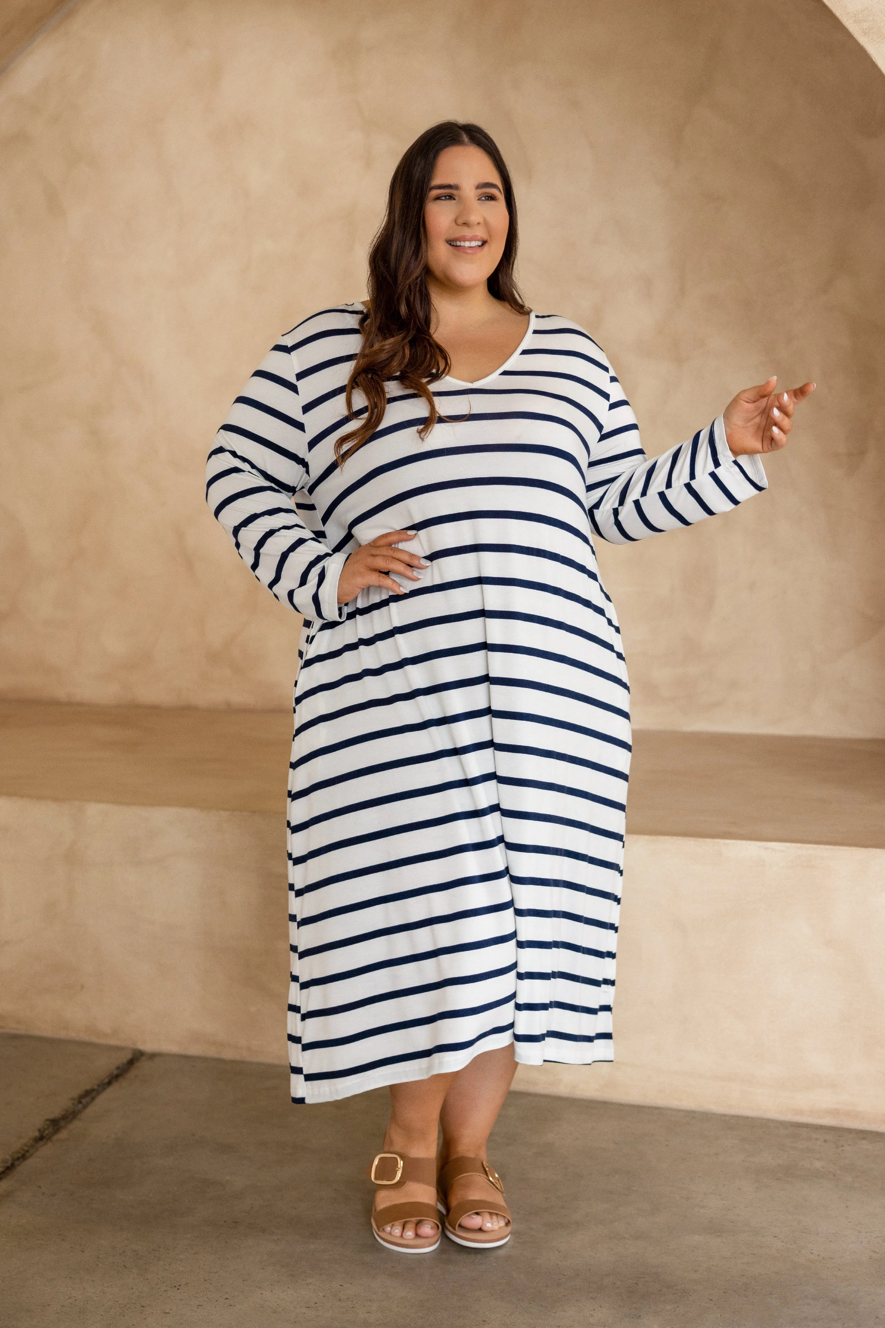 FINAL SALE Long Sleeve T-Shirt Dress in Navy Stripe