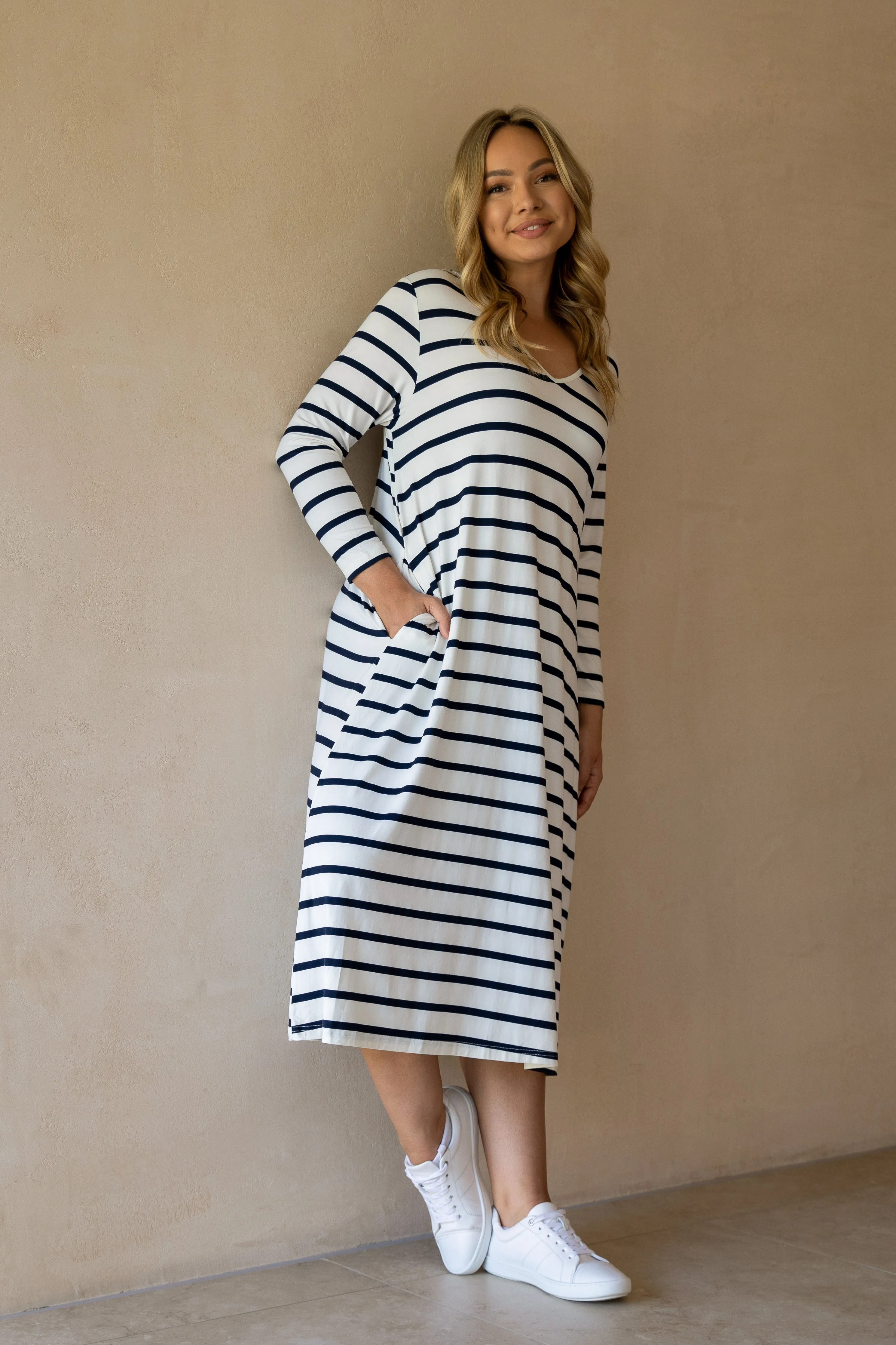 FINAL SALE Long Sleeve T-Shirt Dress in Navy Stripe