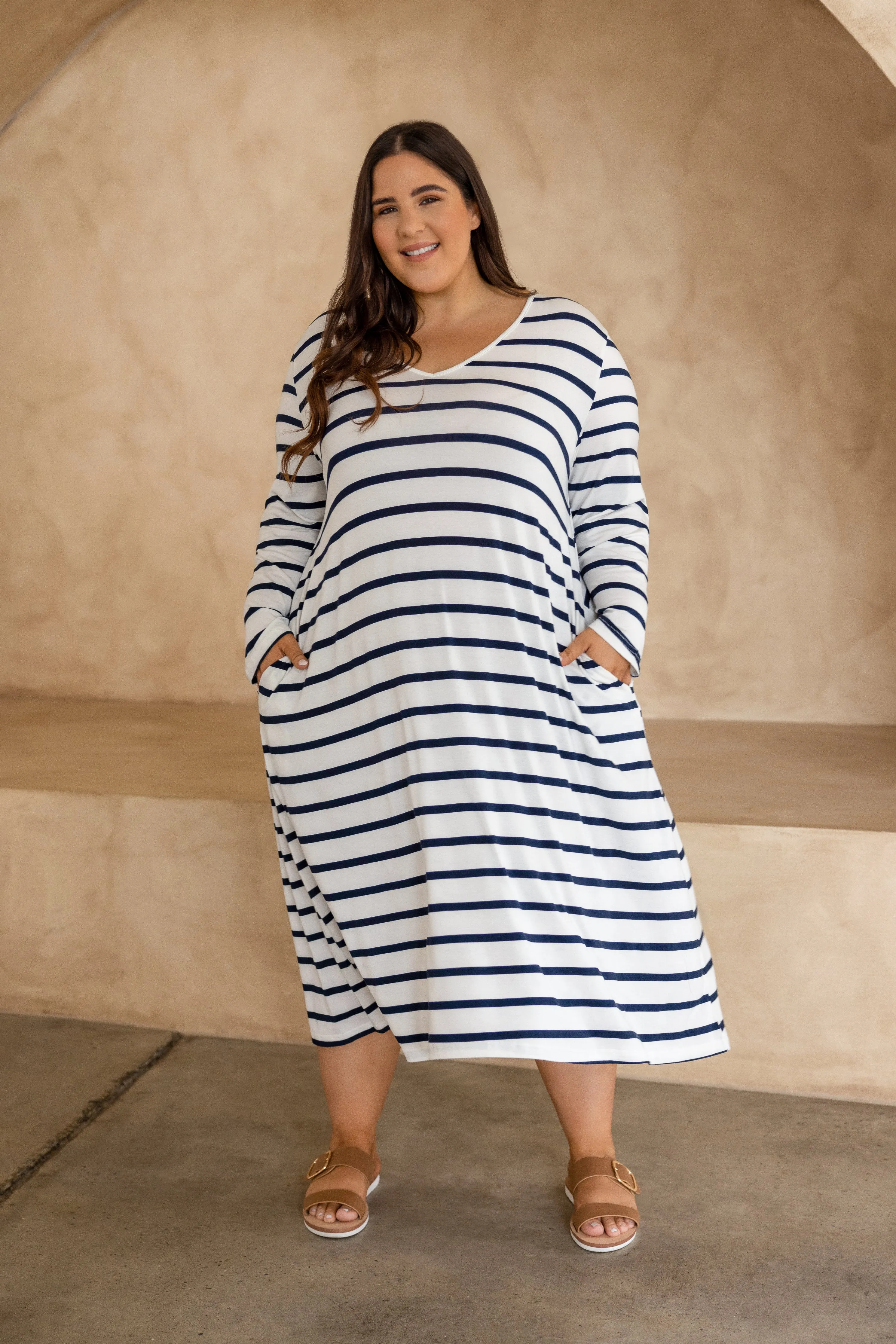 FINAL SALE Long Sleeve T-Shirt Dress in Navy Stripe