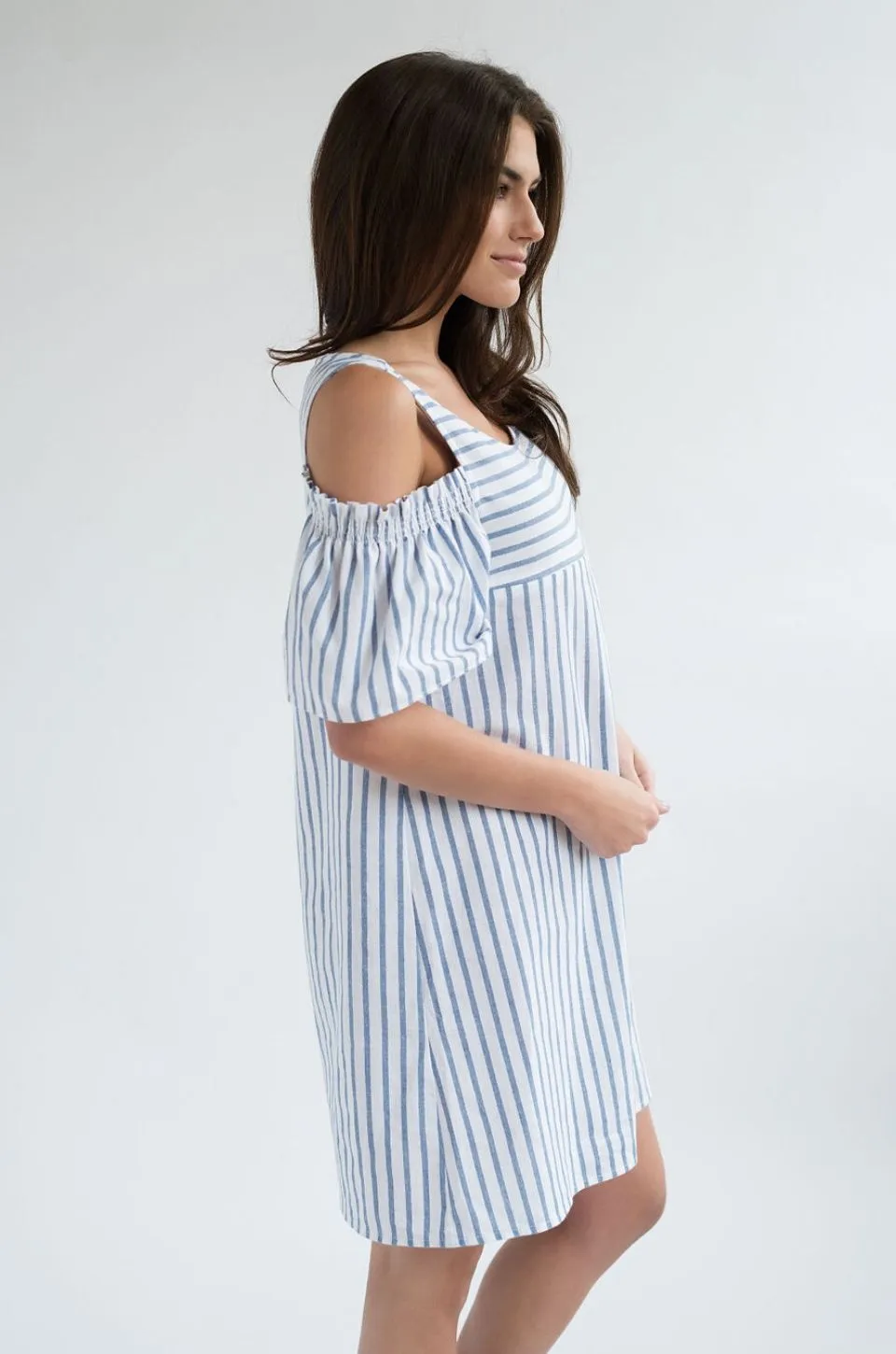 FINAL SALE Striped Cold Shoulder Nursing Dress - Hidden Zipper - Blue/White