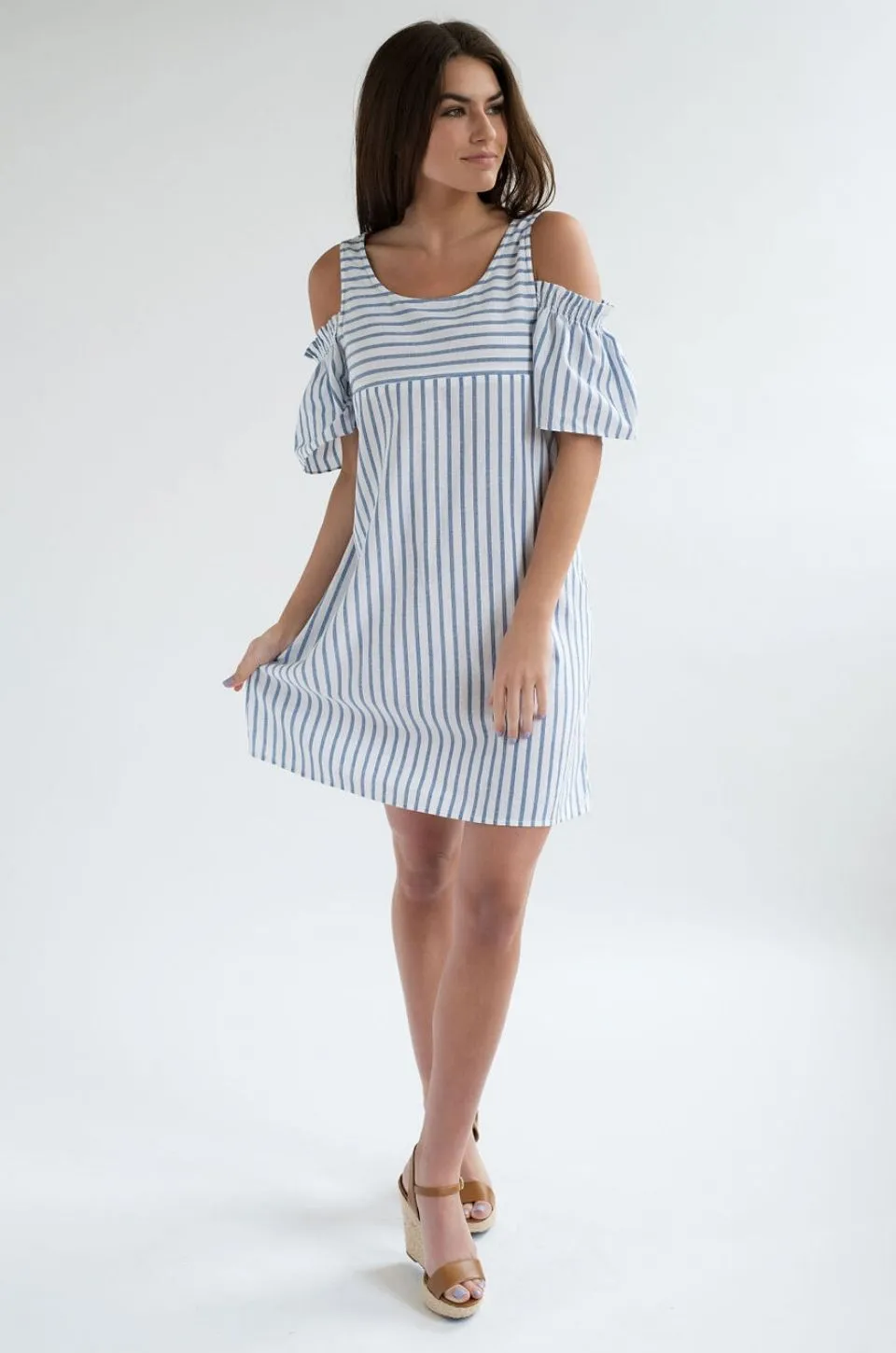 FINAL SALE Striped Cold Shoulder Nursing Dress - Hidden Zipper - Blue/White