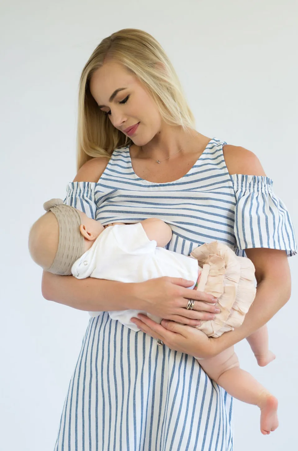 FINAL SALE Striped Cold Shoulder Nursing Dress - Hidden Zipper - Blue/White