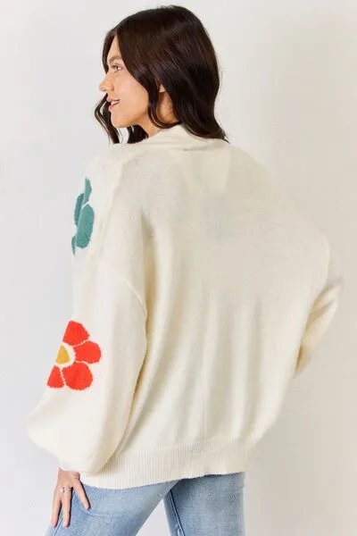 Flower Pattern Sweater Cardigan in White