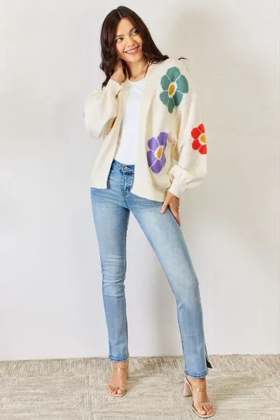 Flower Pattern Sweater Cardigan in White