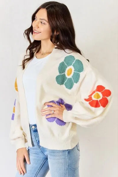 Flower Pattern Sweater Cardigan in White