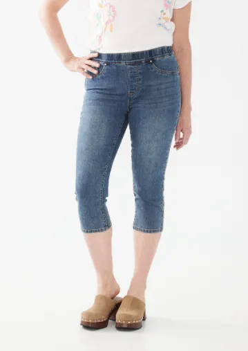 French Dressing Pull-On Embroidered Denim Capri | Med Wash