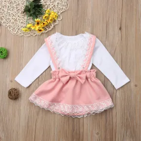 Girls Long Sleeve Lace Top with Pink Skirt Overalls and Pink Bow Ruffle Set