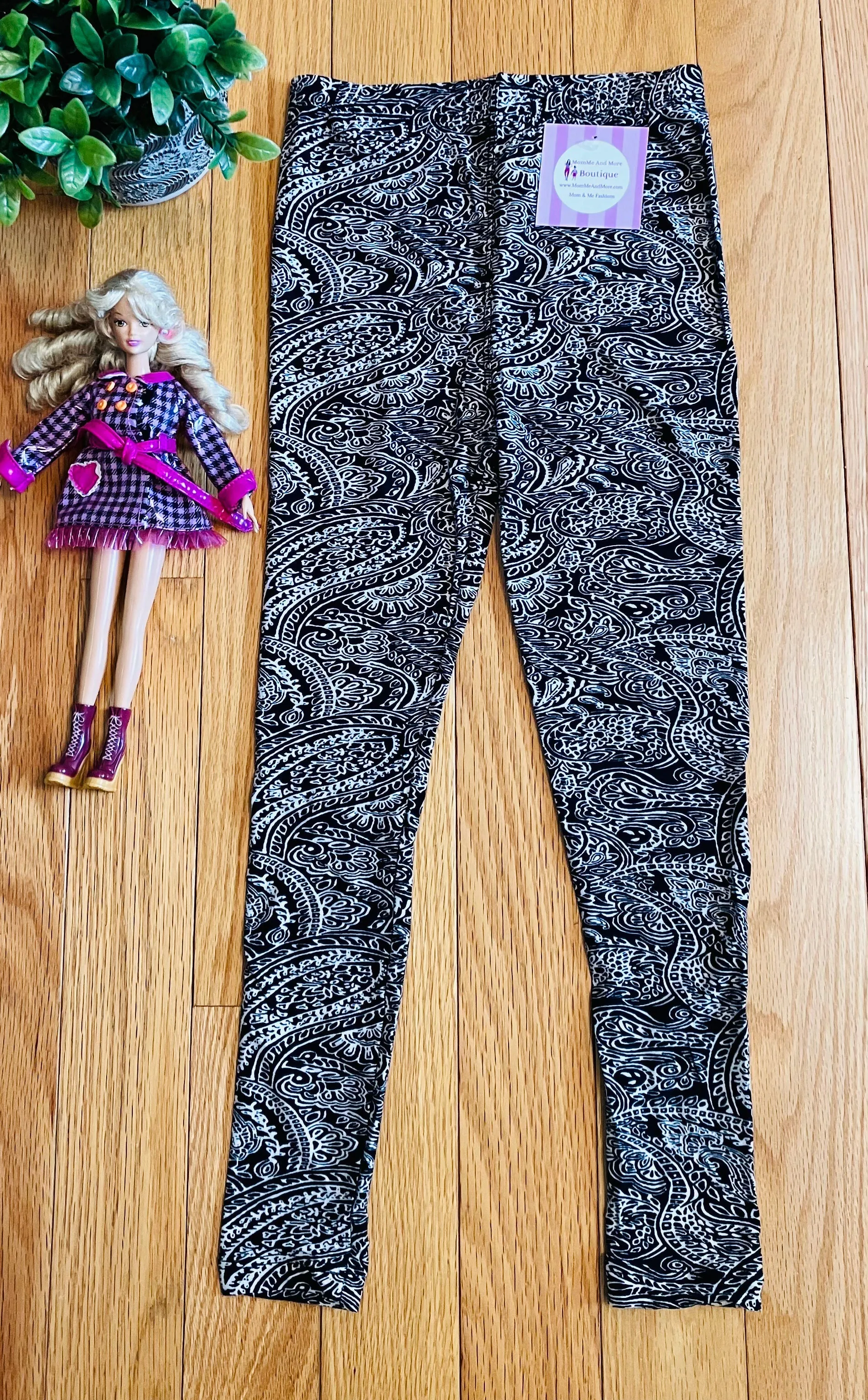 Girls Paisley Leggings Kids, Yoga Pants, Sizes S/L, No-Roll Waist, Black/White