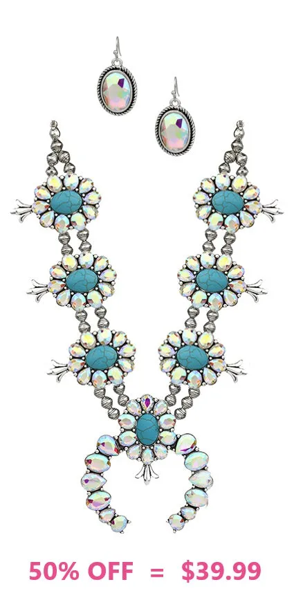 Grande Turquoise & Bling Squash Blossom necklace and earring set