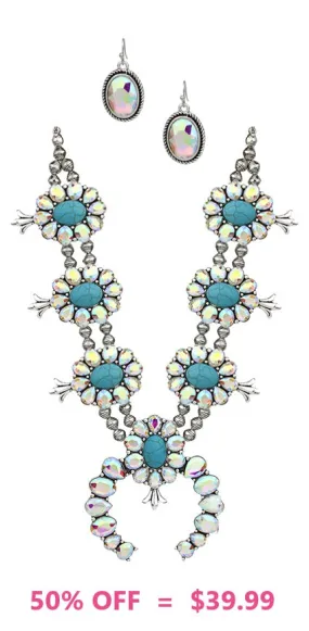 Grande Turquoise & Bling Squash Blossom necklace and earring set