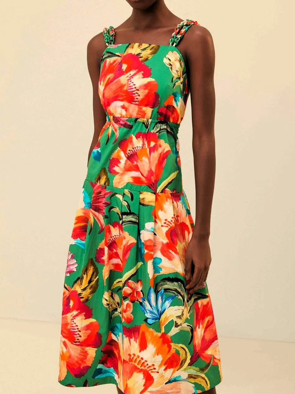 Green Tropicart Sleeveless Midi Dress