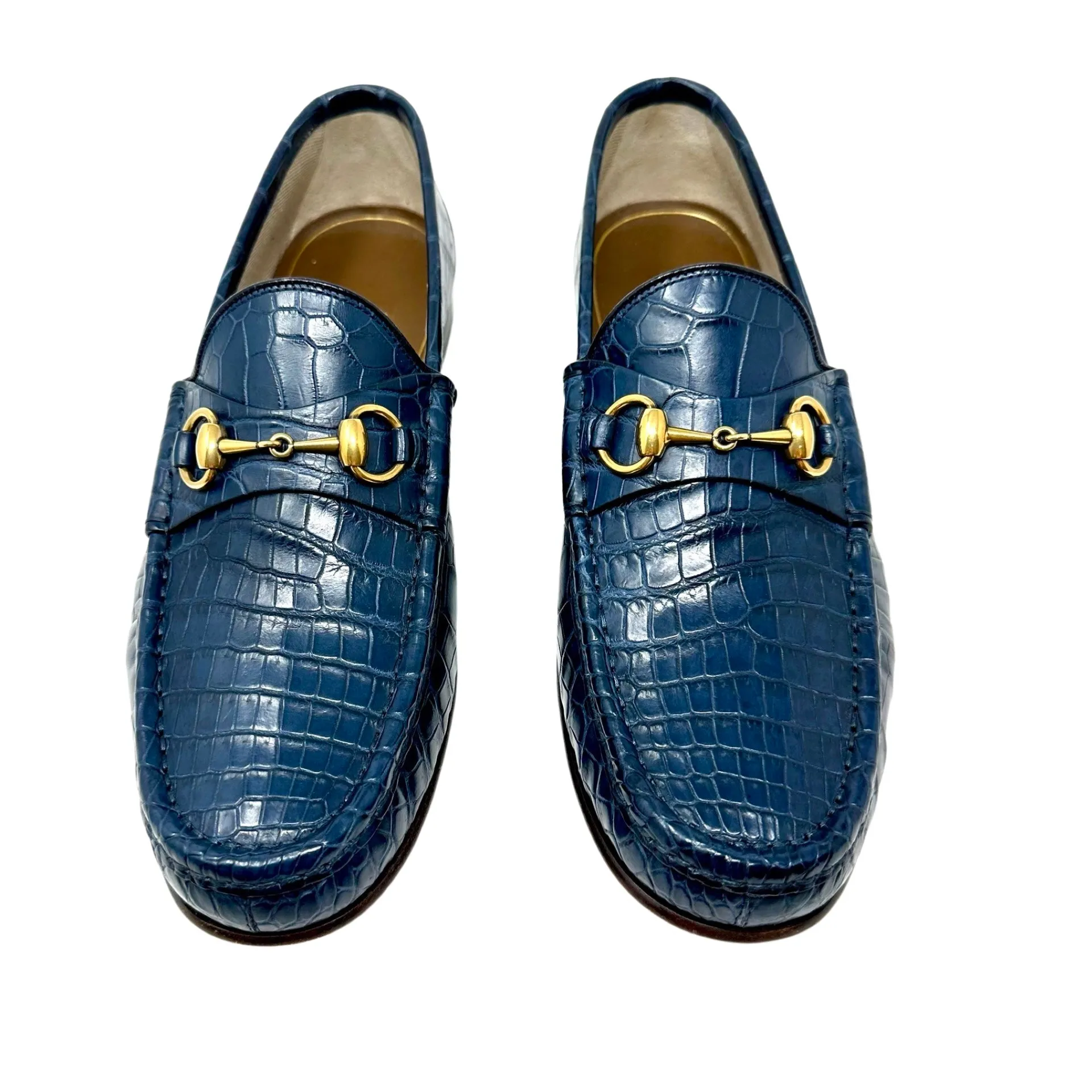 GUCCI Navy Crocodile Mens Loafer Dress Shoes Gold Horsebit 9