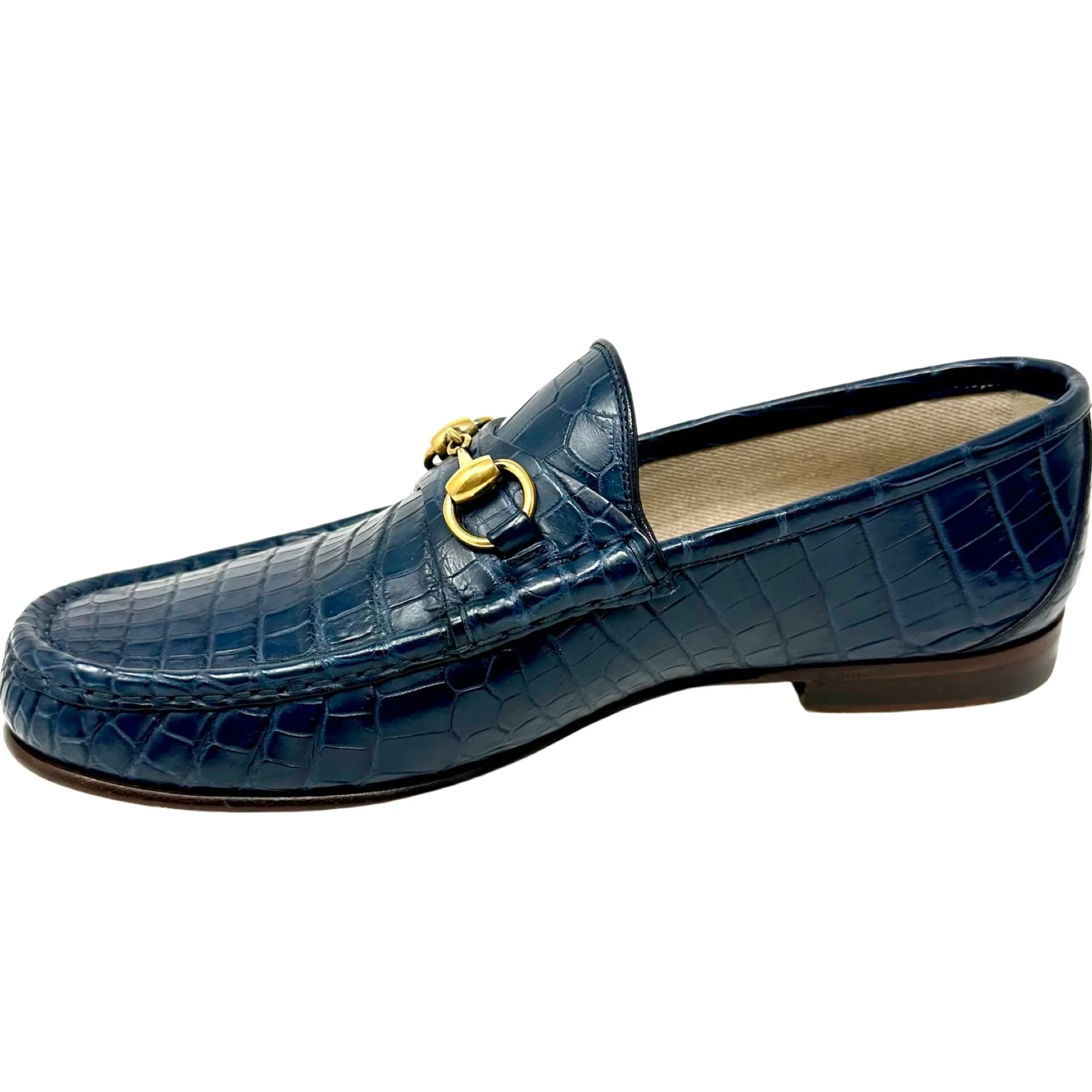 GUCCI Navy Crocodile Mens Loafer Dress Shoes Gold Horsebit 9