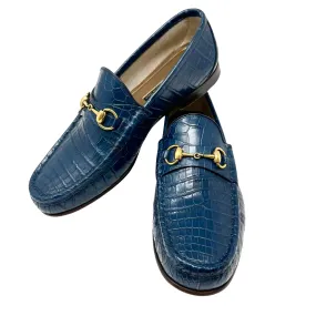 GUCCI Navy Crocodile Mens Loafer Dress Shoes Gold Horsebit 9