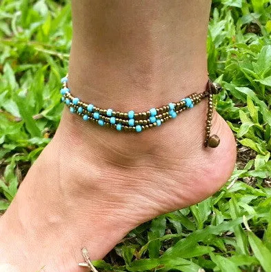 Hand Made Fair Trade Anklet Three Strand Brass Beads Turquoise