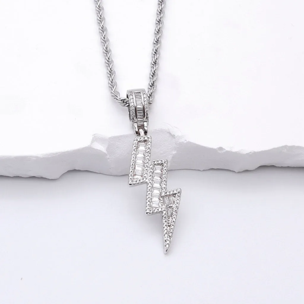 Iced Out Lightning Bolt Pendant - Silver