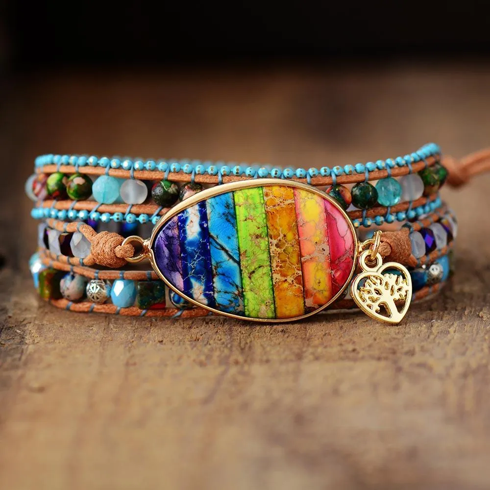 Jasper & Tree of Life Heart Charm Wrap Bracelet