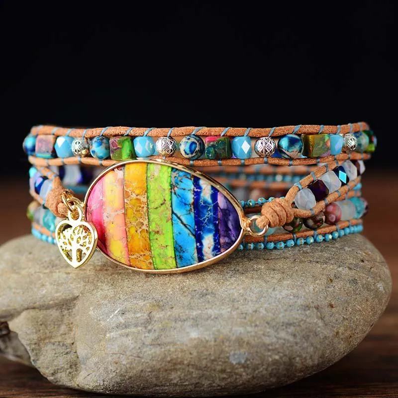 Jasper & Tree of Life Heart Charm Wrap Bracelet