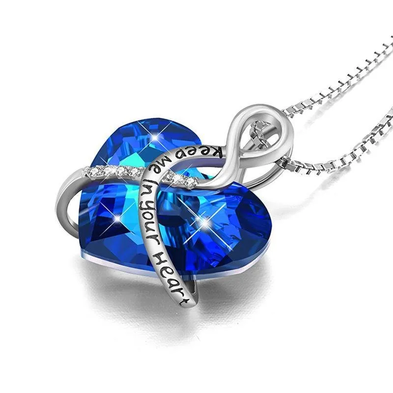 Keep Me In Your Heart-Blue Heart Pendant Necklace With Stones