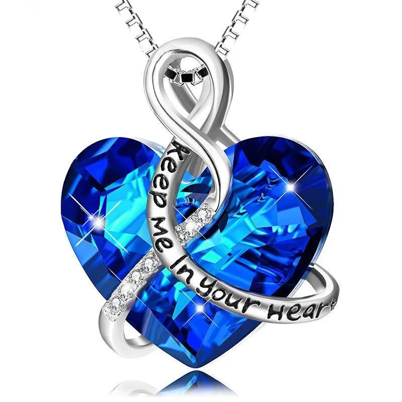 Keep Me In Your Heart-Blue Heart Pendant Necklace With Stones