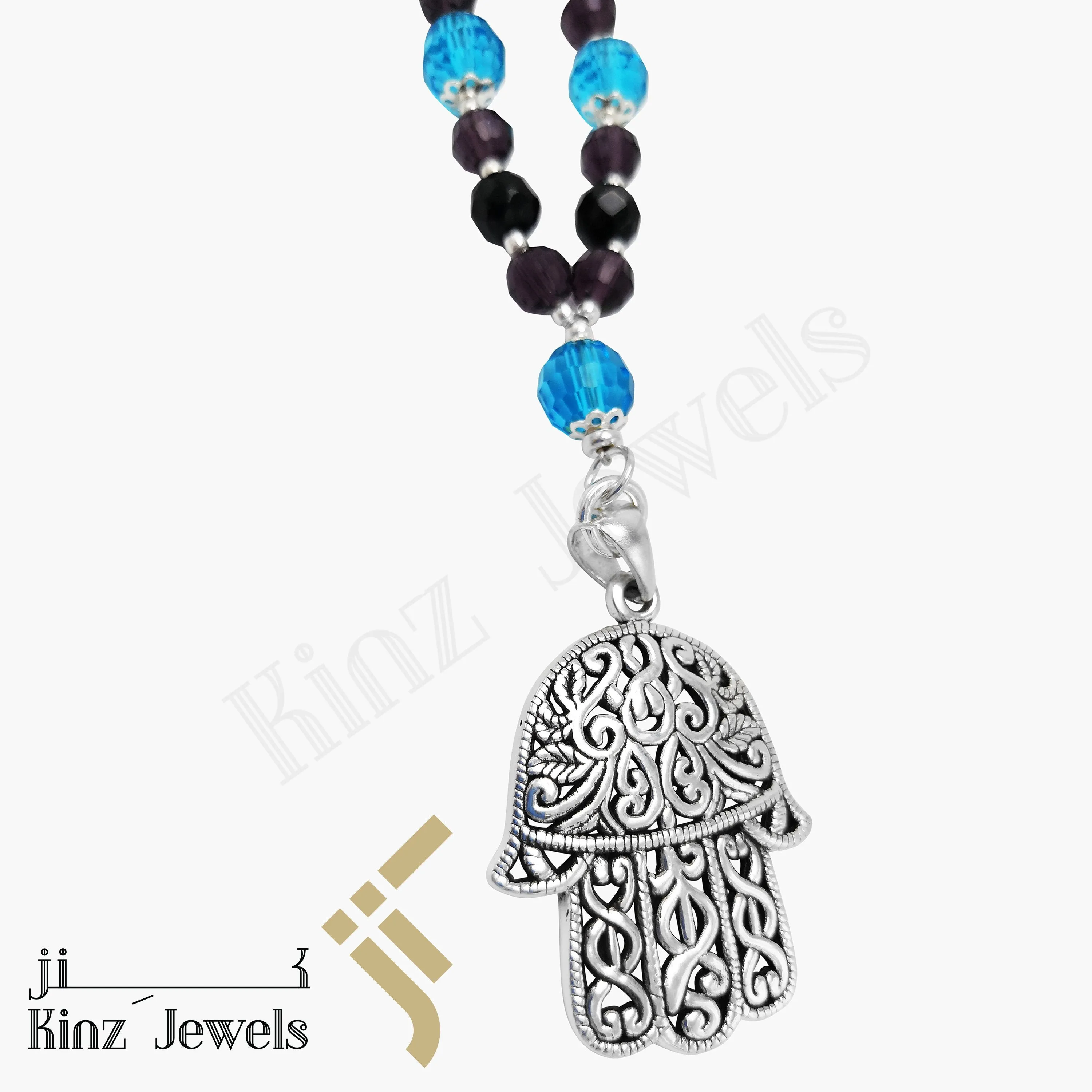 Kinz Car Mirror Hanging Silver Blue And Purple Hamsa