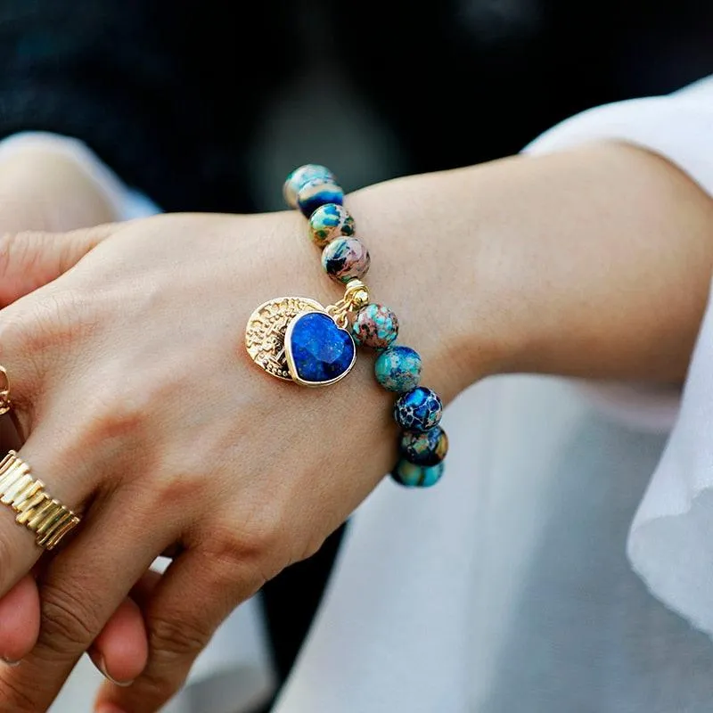 Lapis Lazuli Heart Charm & Jasper Beads Stretchy Bracelet