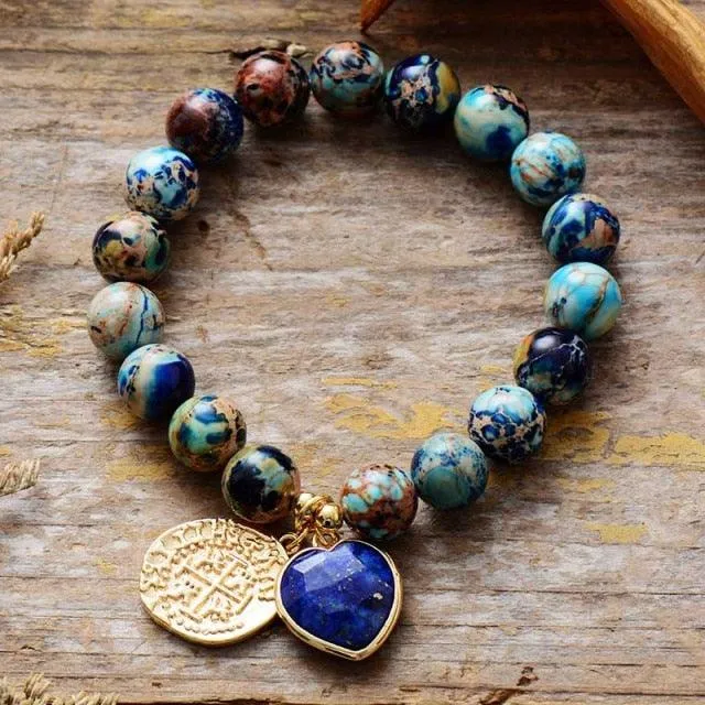 Lapis Lazuli Heart Charm & Jasper Beads Stretchy Bracelet