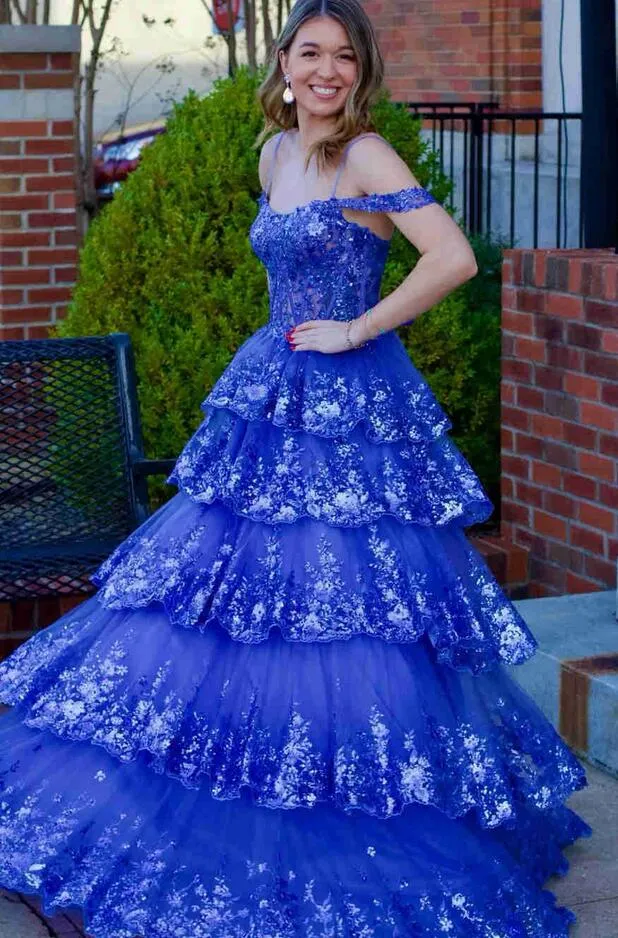 Light Blue Sequin Lace Ruffle Tiered Long Prom Dress, PC1361