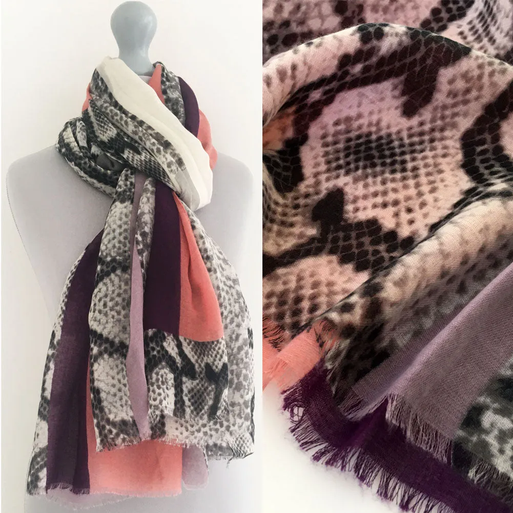 LONG CORAL BLOCKS SNAKESKIN PRINT LIGHTWEIGHT SHAWL SCARF