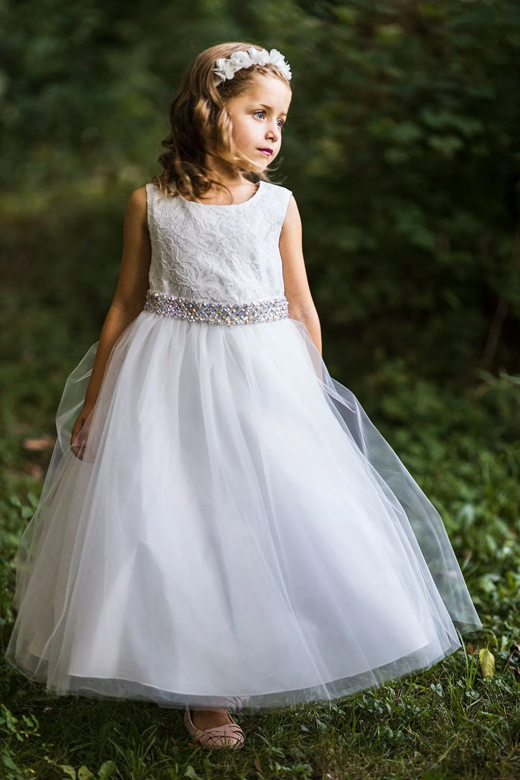 Long Lace Illusion Girls Dress with Thick Rhinestone Trim