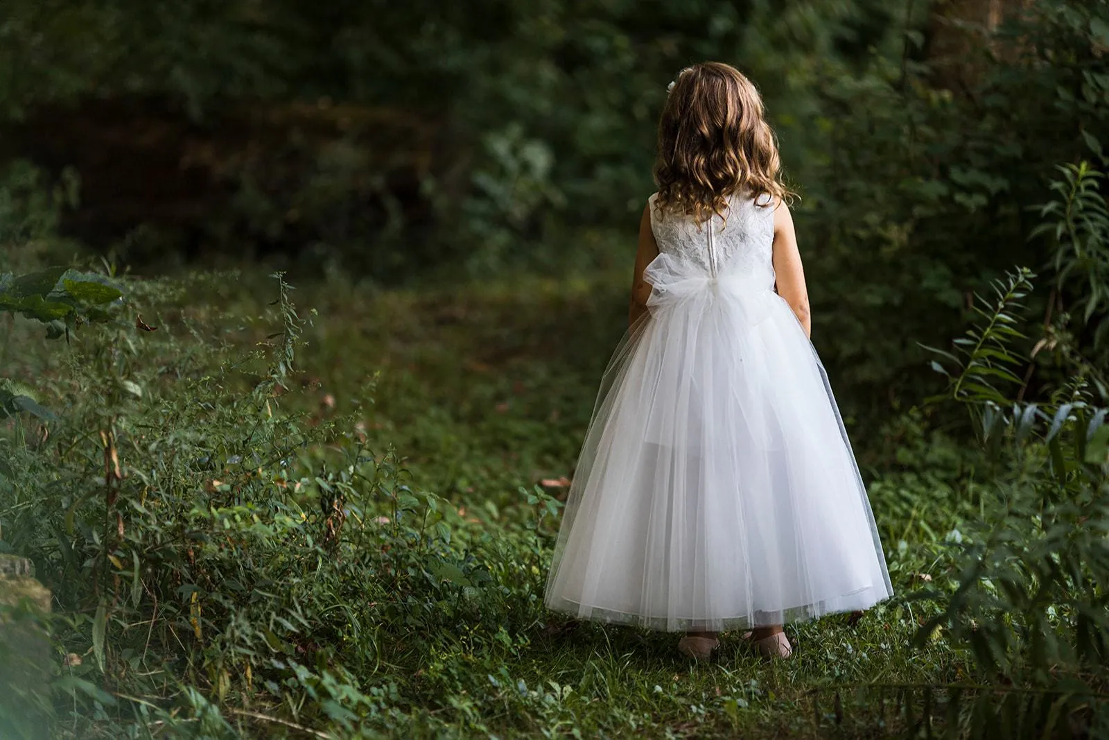 Long Lace Illusion Girls Dress with Thick Rhinestone Trim