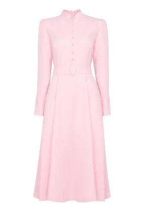 Long Sleeved Midi Dress in Pale Pink Wool Crepe Cady - Cleo