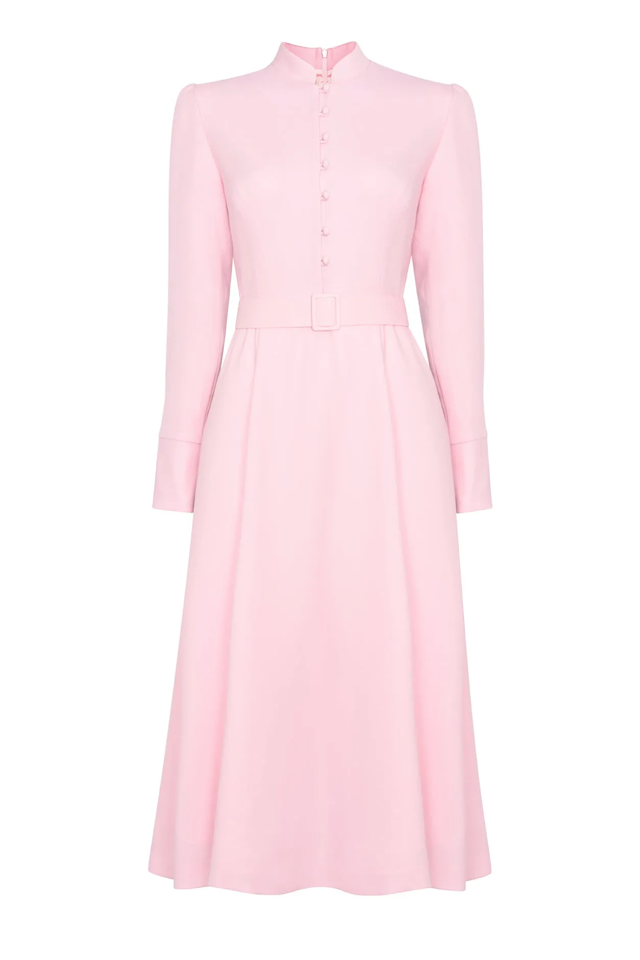 Long Sleeved Midi Dress in Pale Pink Wool Crepe Cady - Cleo