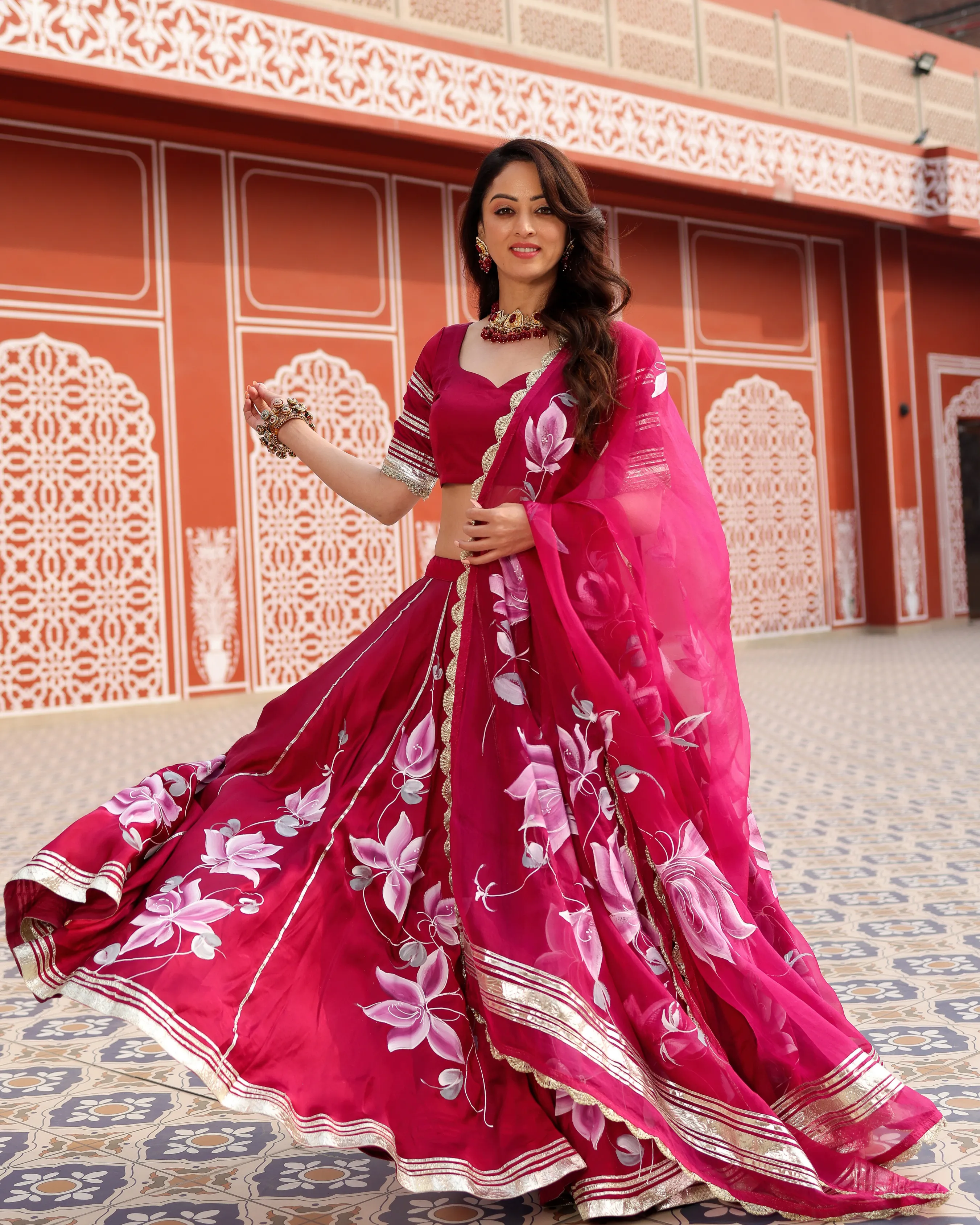 Magenta Pink Handpainted Lehenga Set