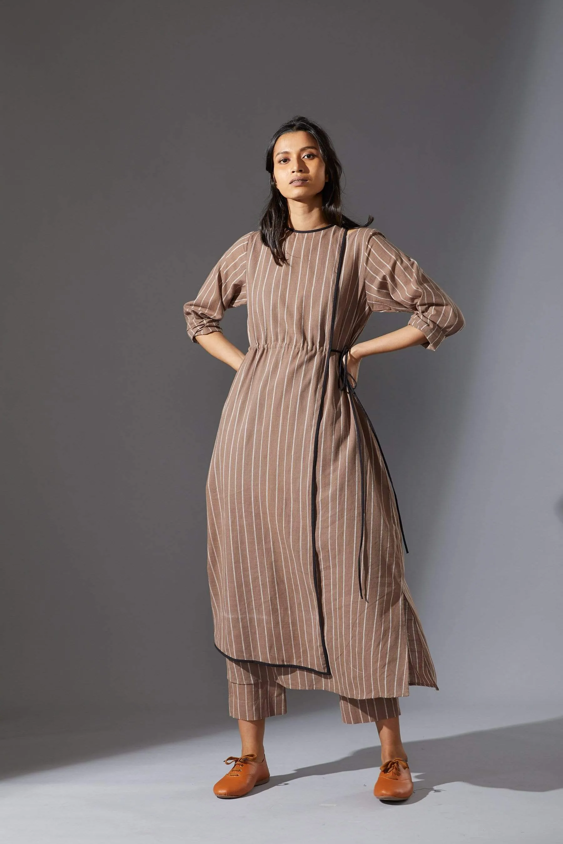 Mati Overlap Beige Striped Tunic Set with Pants