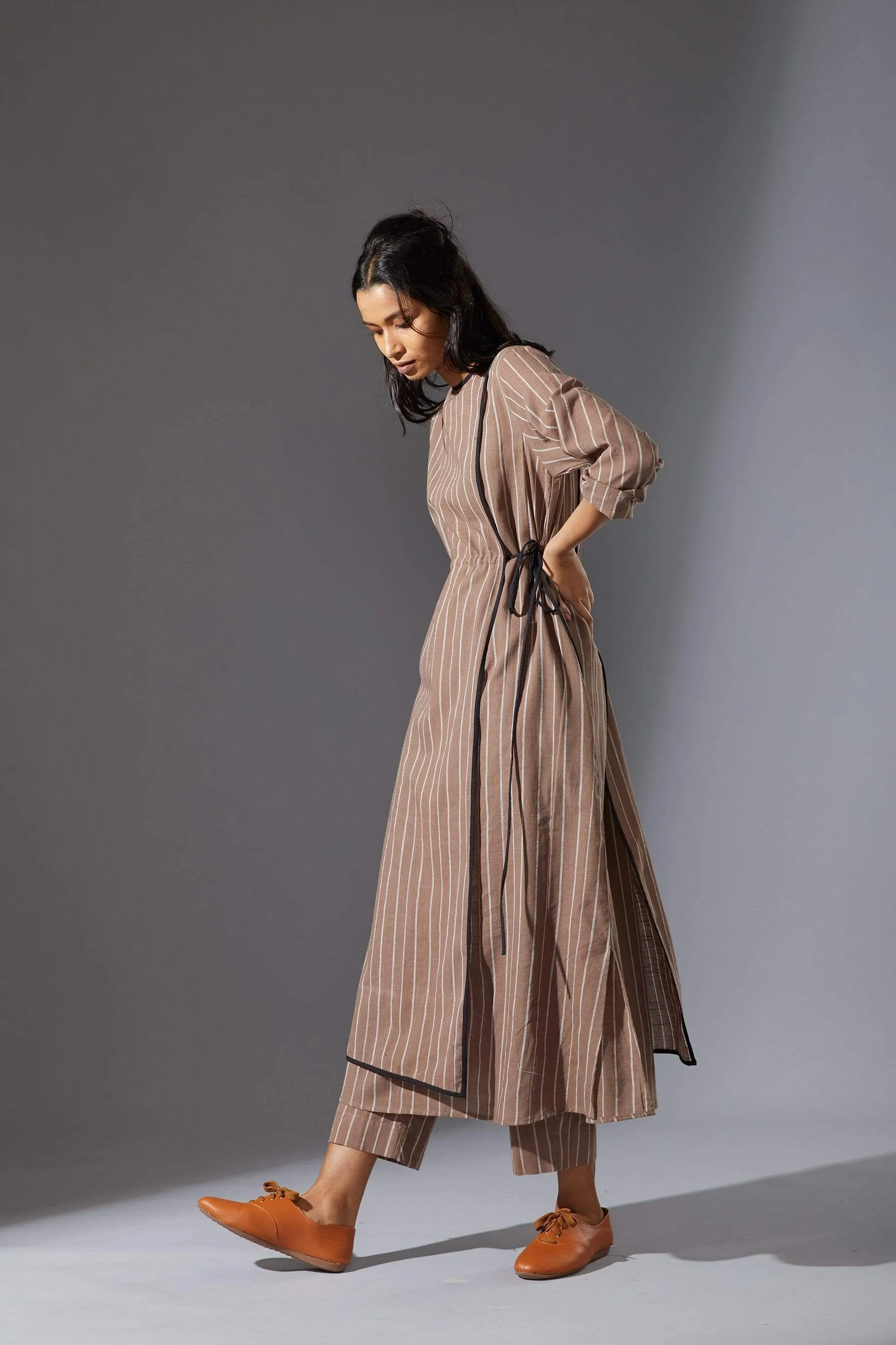 Mati Overlap Beige Striped Tunic Set with Pants