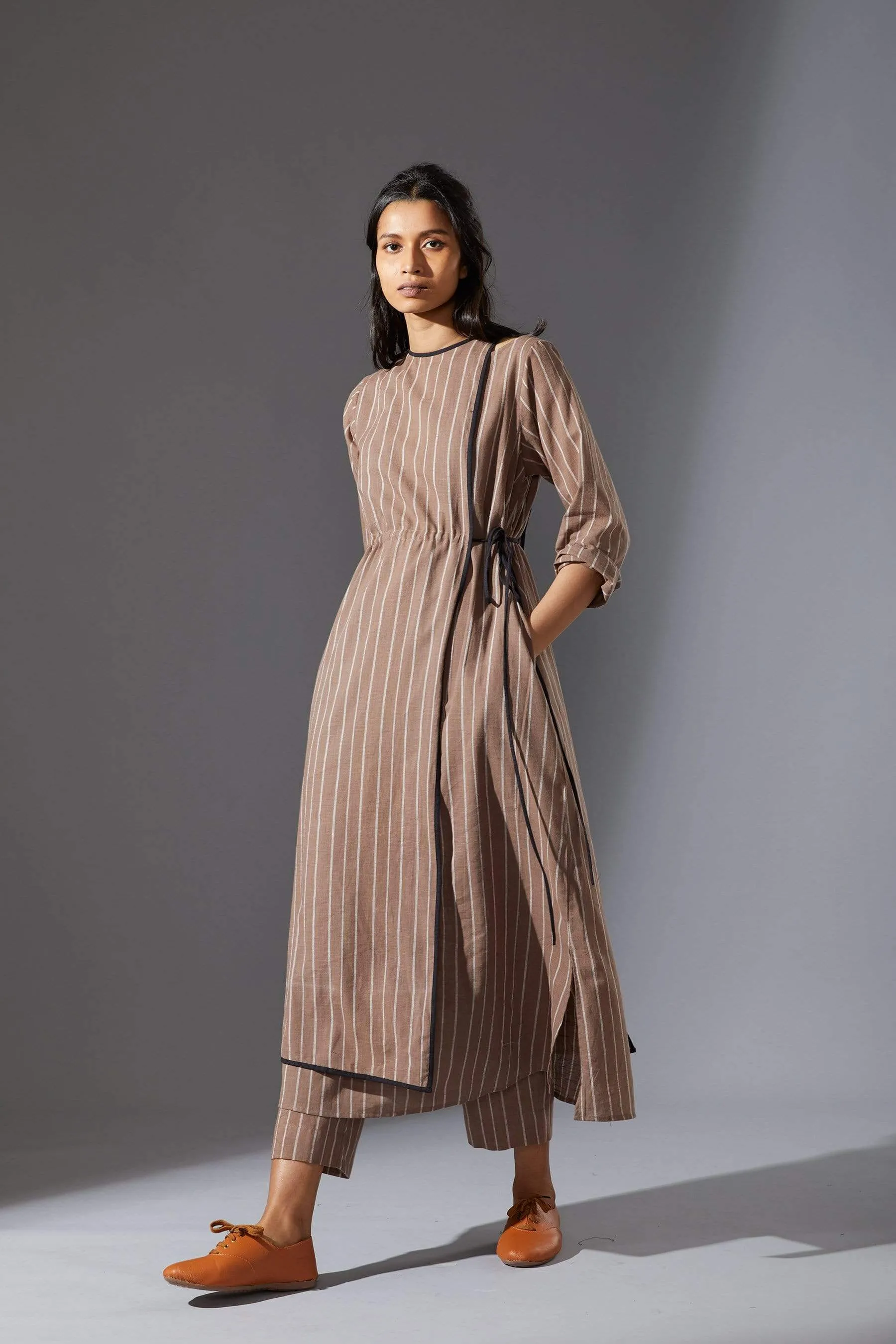 Mati Overlap Beige Striped Tunic Set with Pants