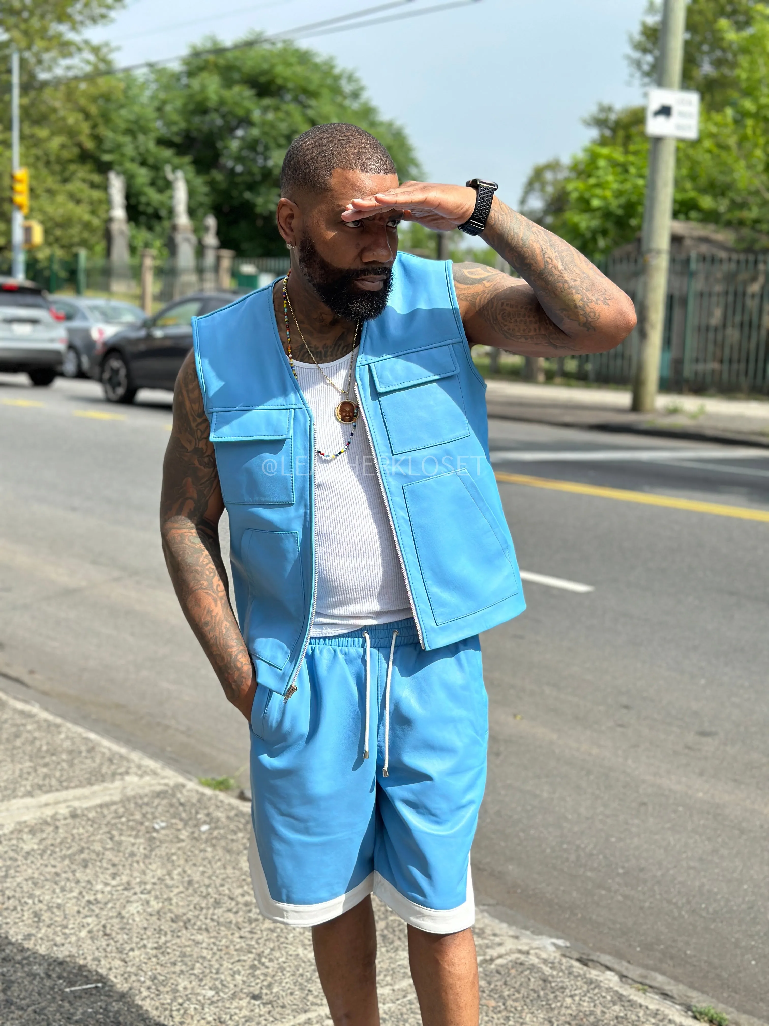 Men's 2 Live and Die Vest With Leather Shorts [Baby Blue]