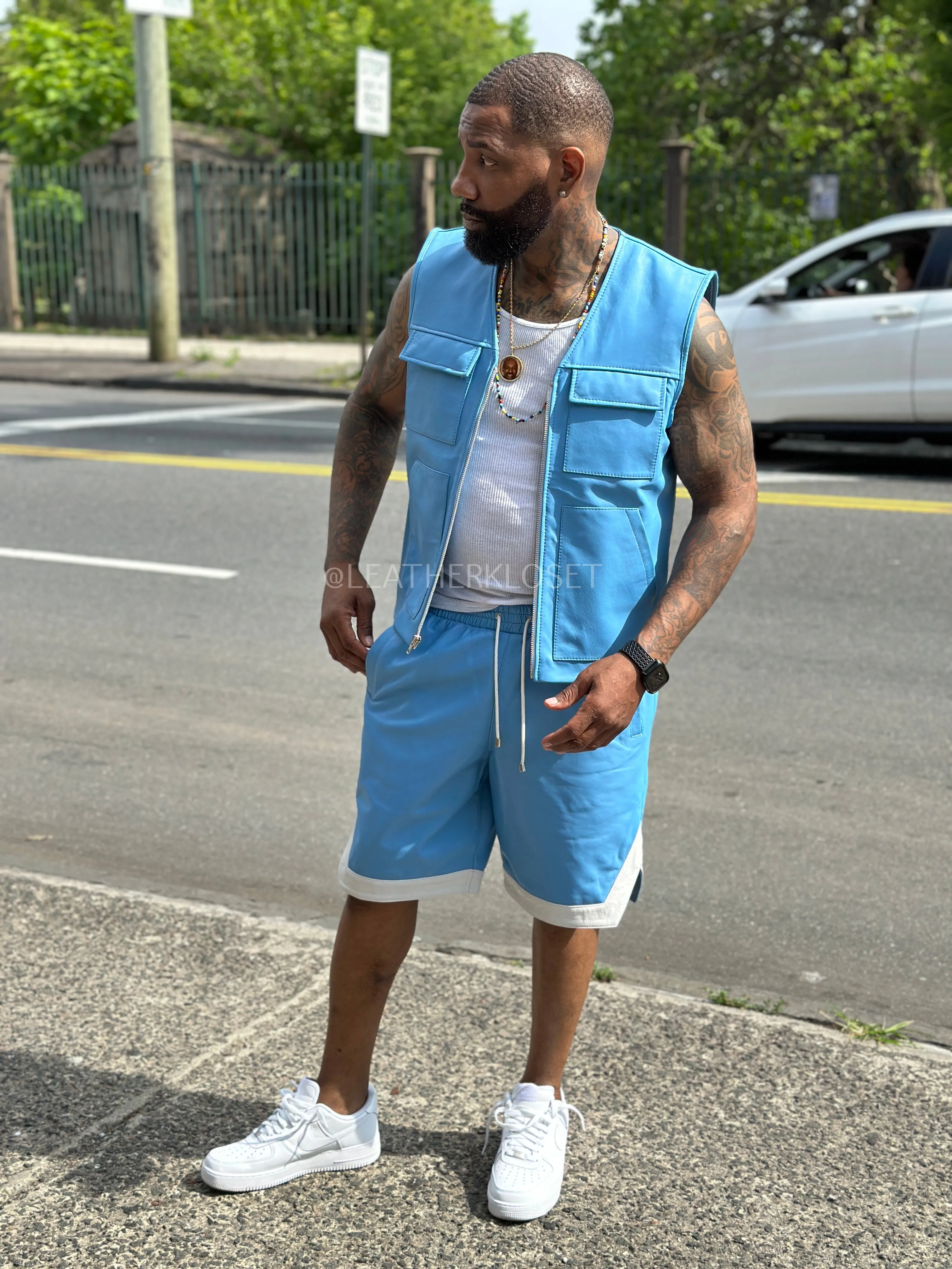 Men's 2 Live and Die Vest With Leather Shorts [Baby Blue]