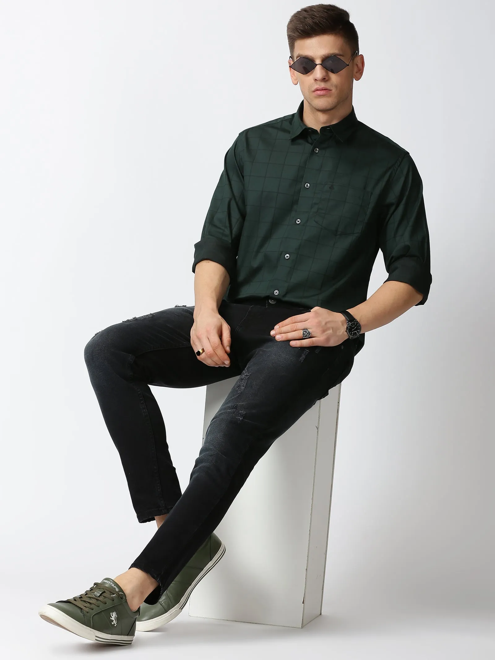 MEN'S GREEN CHECKS SLIM FIT SHIRT