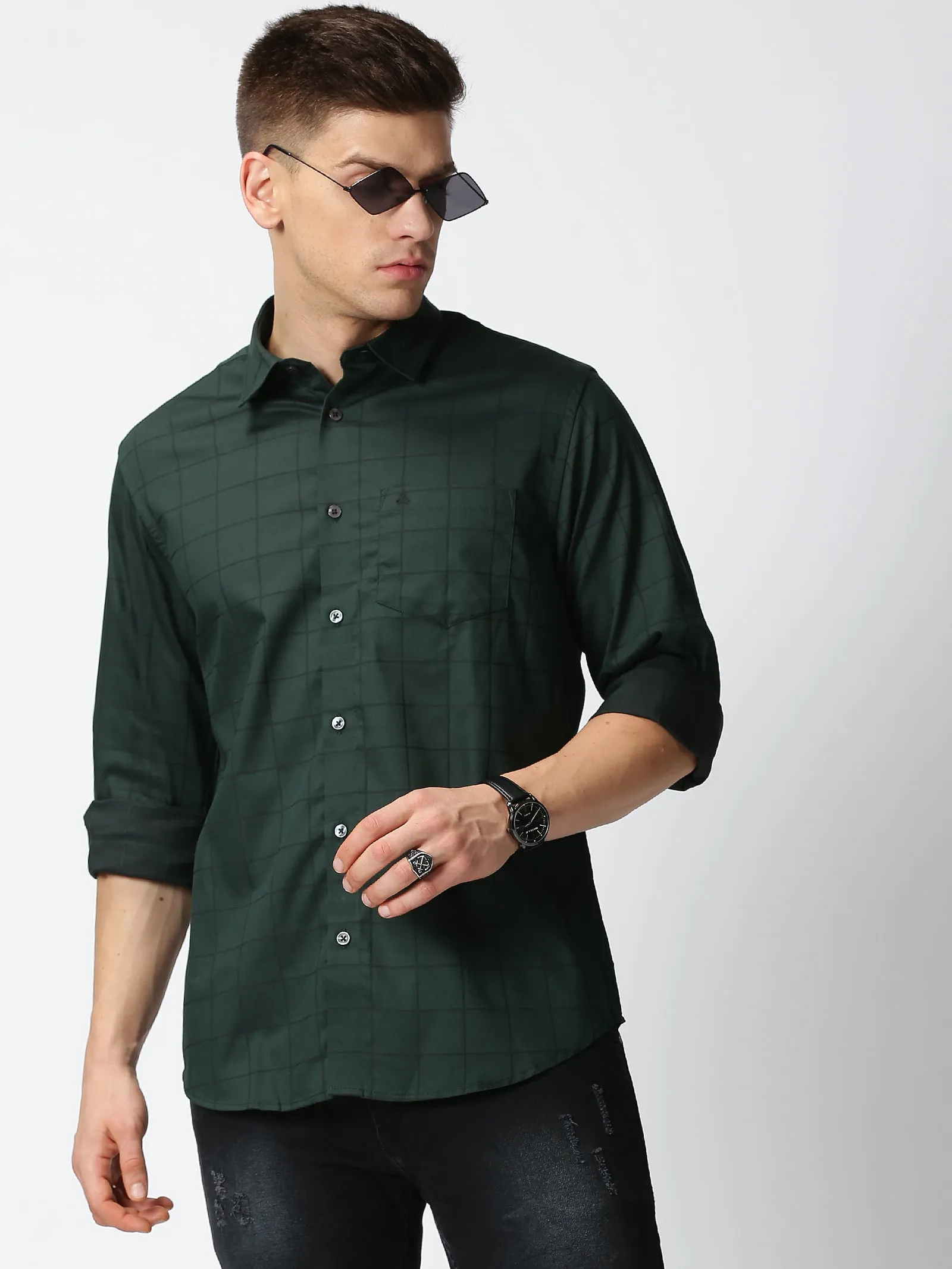 MEN'S GREEN CHECKS SLIM FIT SHIRT