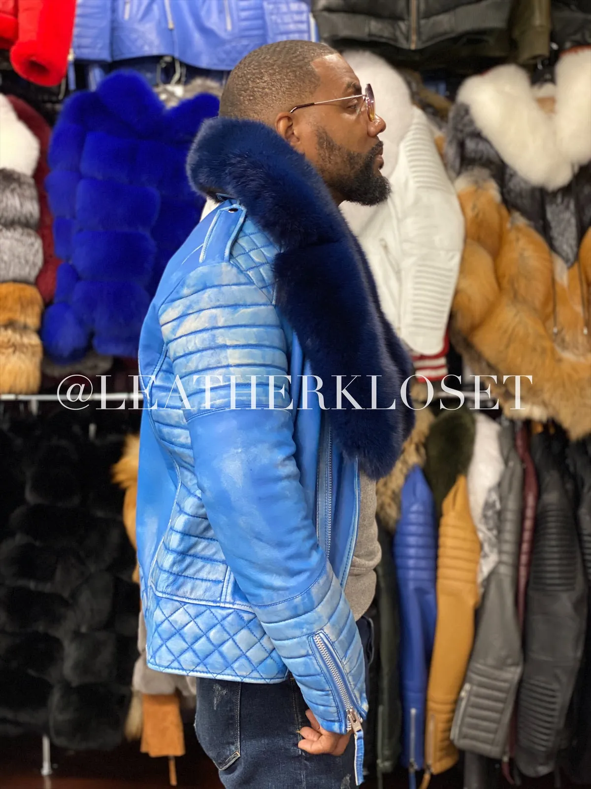 Men's Jay Biker Distressed Blue With Full Fox Fur Collar