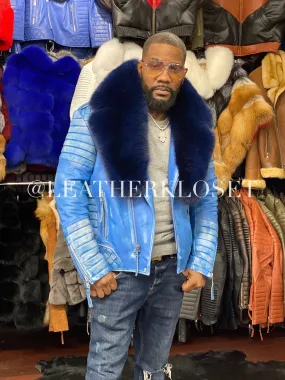 Men's Jay Biker Distressed Blue With Full Fox Fur Collar