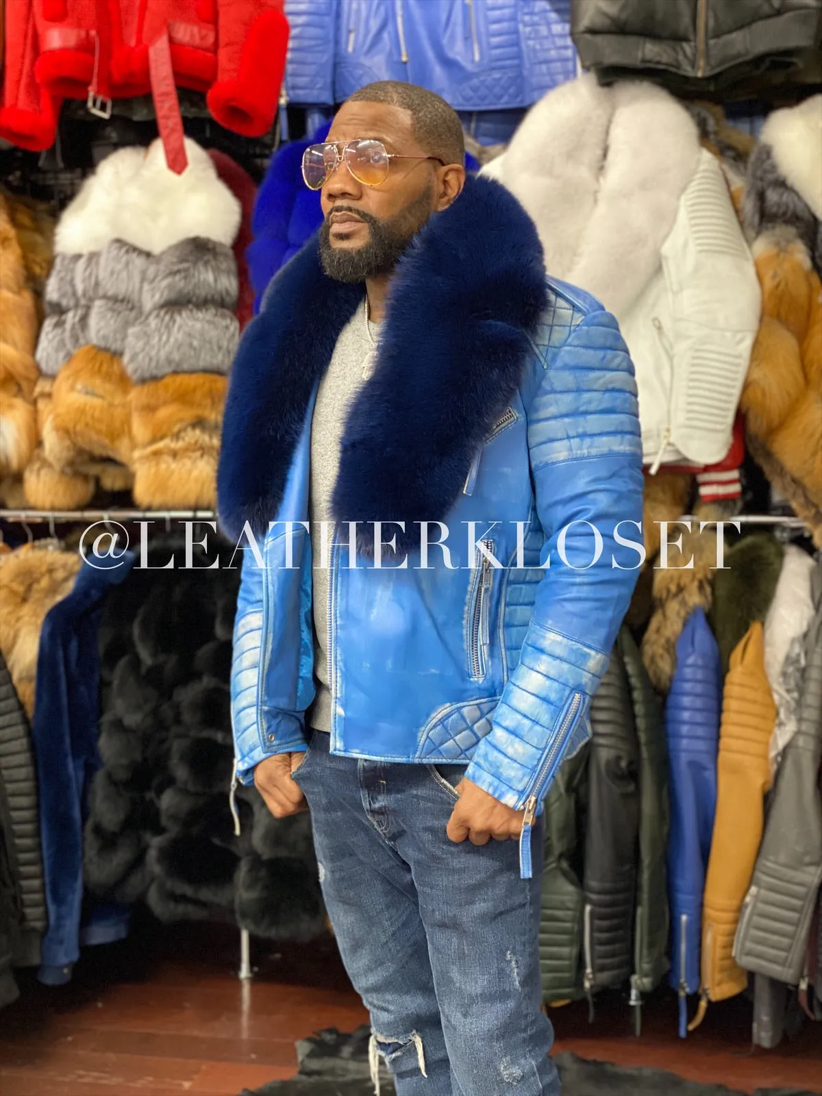 Men's Jay Biker Distressed Blue With Full Fox Fur Collar