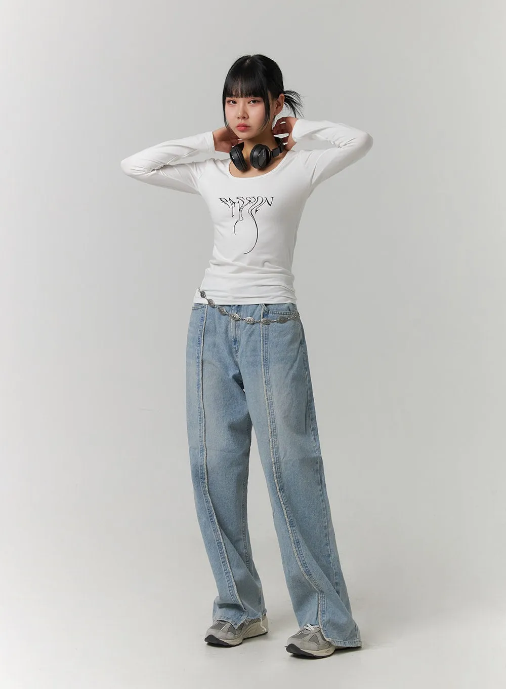 Mid Waist Wide Leg Denim Stitching Jeans CJ419