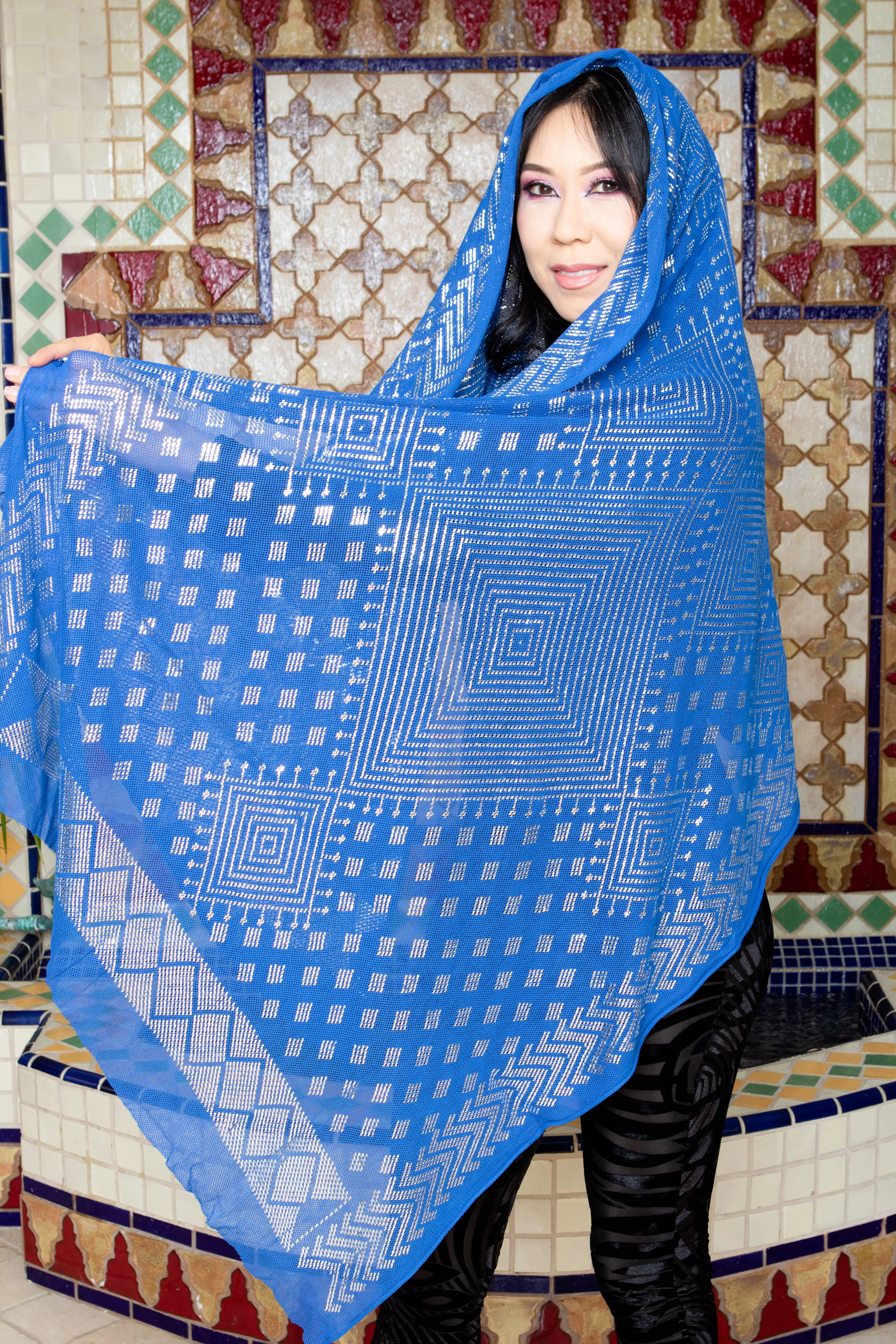 Modern Blue and Silver Assuit Shawl With Mixed Diamonds Design