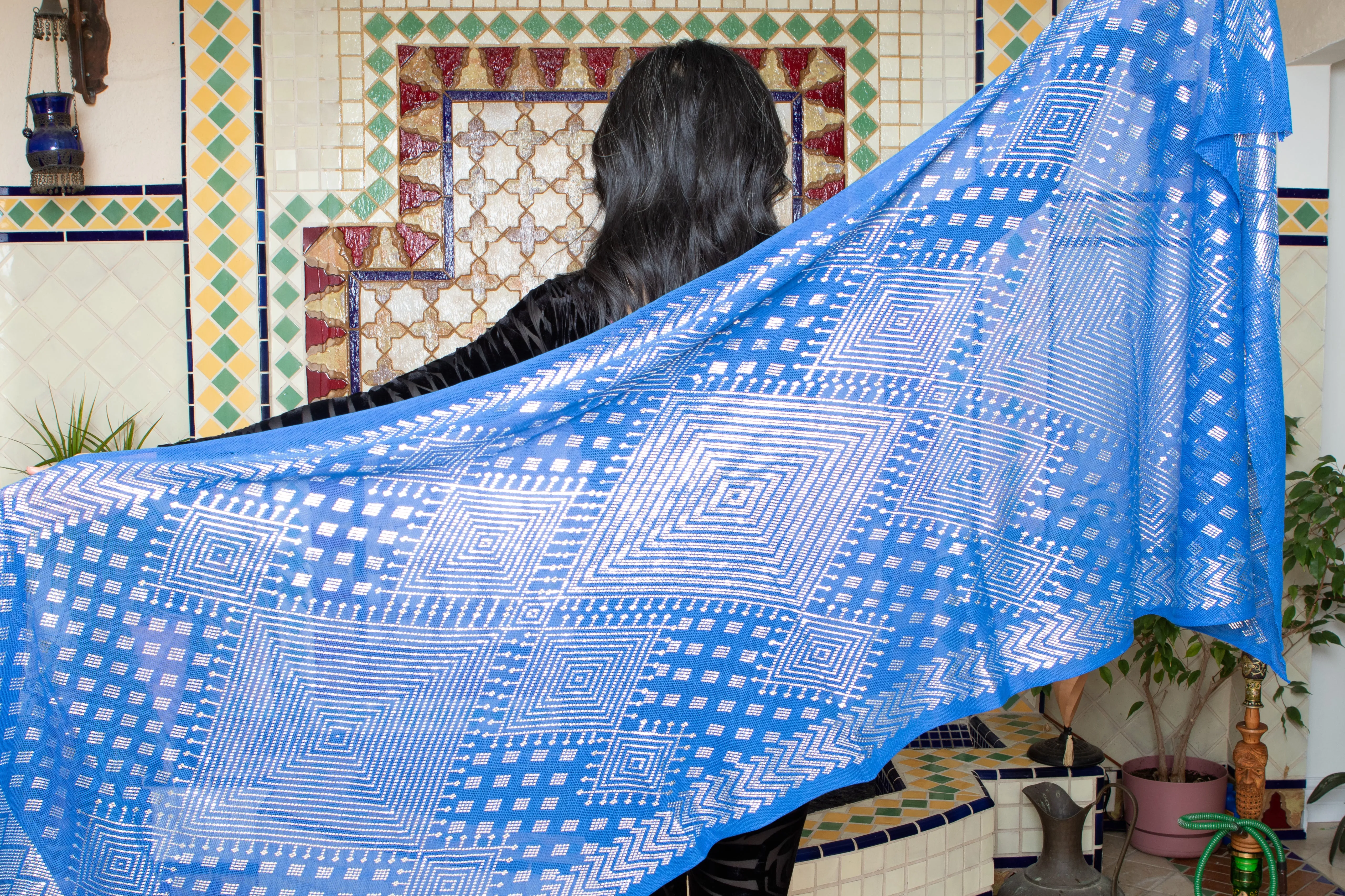 Modern Blue and Silver Assuit Shawl With Mixed Diamonds Design