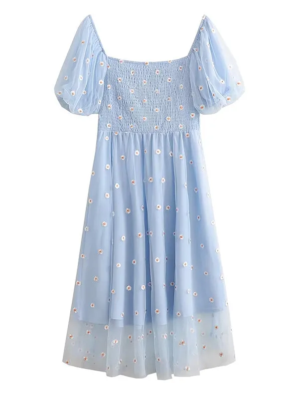 Momnfancy Light Blue Floral Ruffle Grenadine Double-deck Puff Sleeve Elegant Party Maternity Baby Shower Midi Dress